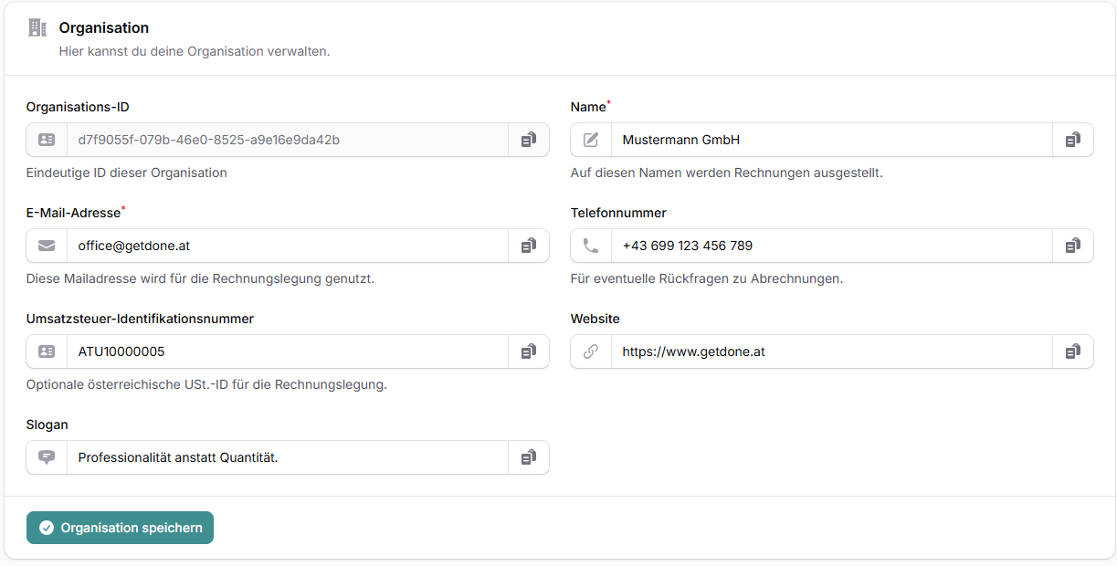 Organisationseinstellungen